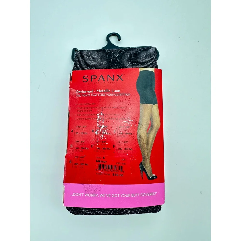 Spanx Tight-End Tights Women Size E Black Silver Metallic Luxe Patterned Stripe
